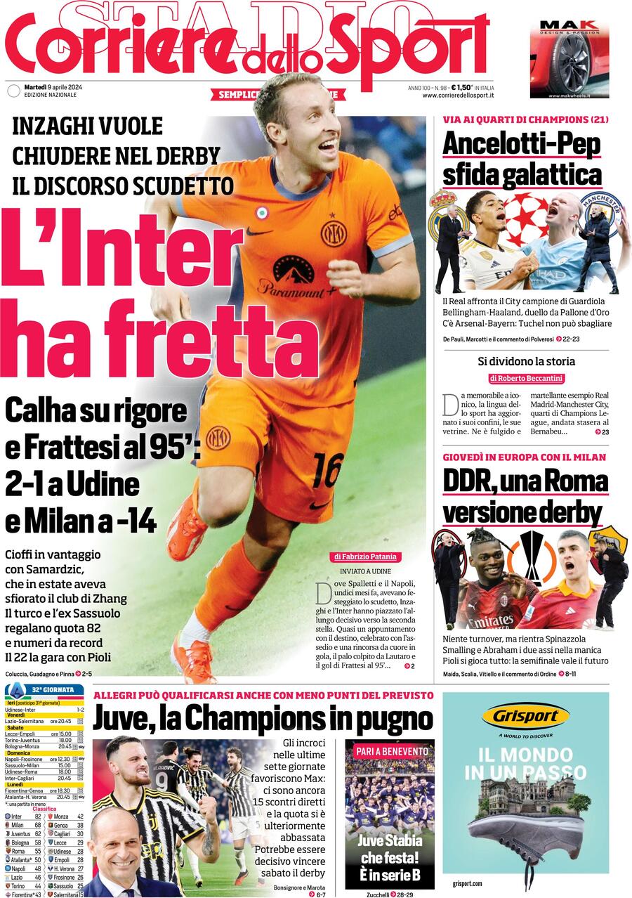 Prima Pagina Corriere dello Sport 09/04/2024