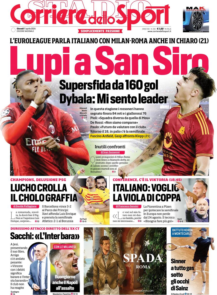 Prima Pagina Corriere dello Sport 11/04/2024