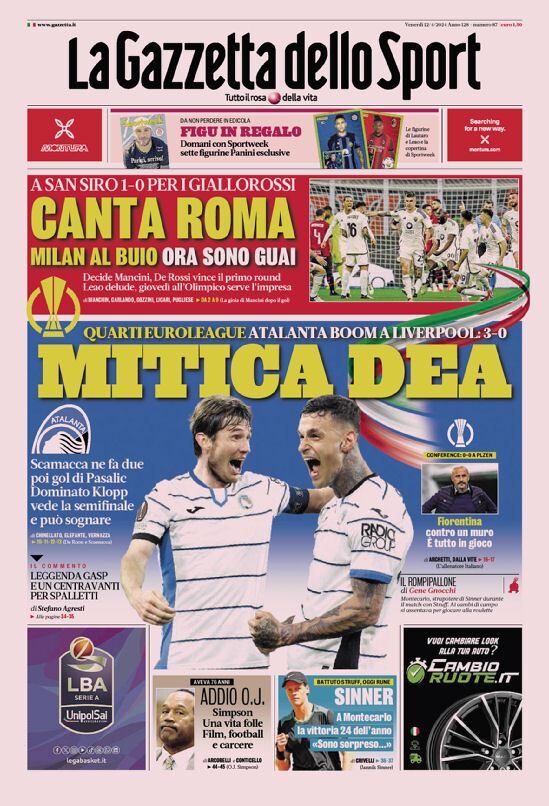 Prima Pagina La Gazzetta dello Sport 12/04/2024