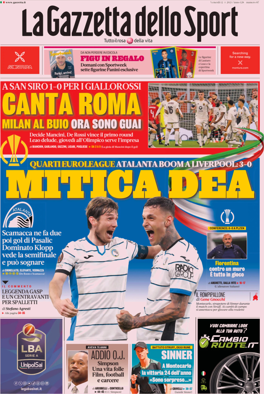 Prima Pagina La Gazzetta dello Sport 12/04/2024
