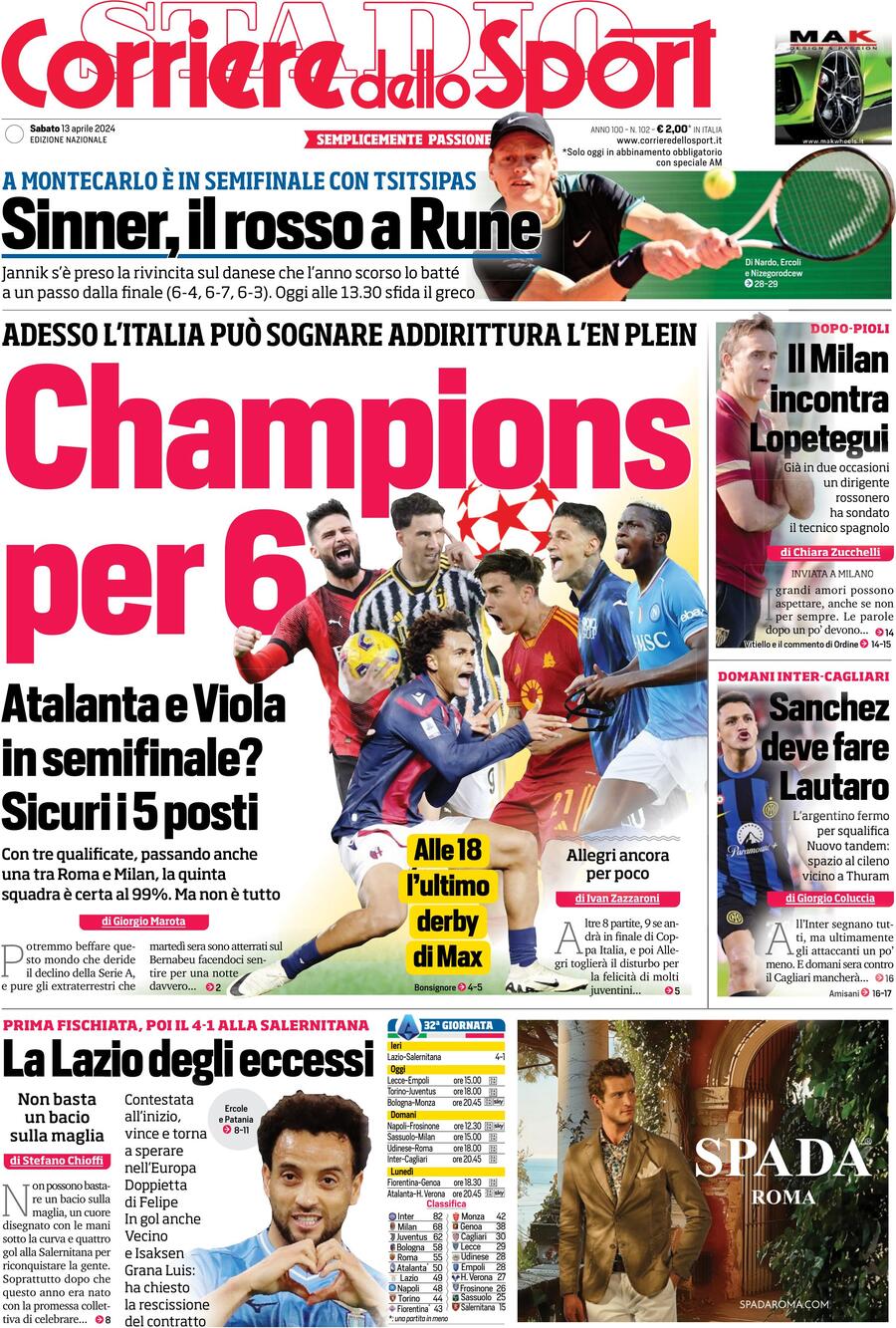 Prima Pagina Corriere dello Sport 13/04/2024