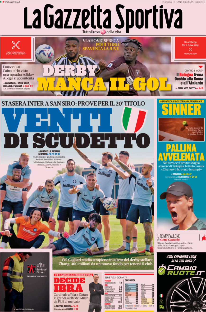 Prima Pagina La Gazzetta dello Sport 14/04/2024