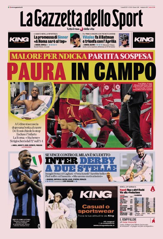 Prima Pagina La Gazzetta dello Sport 15/04/2024
