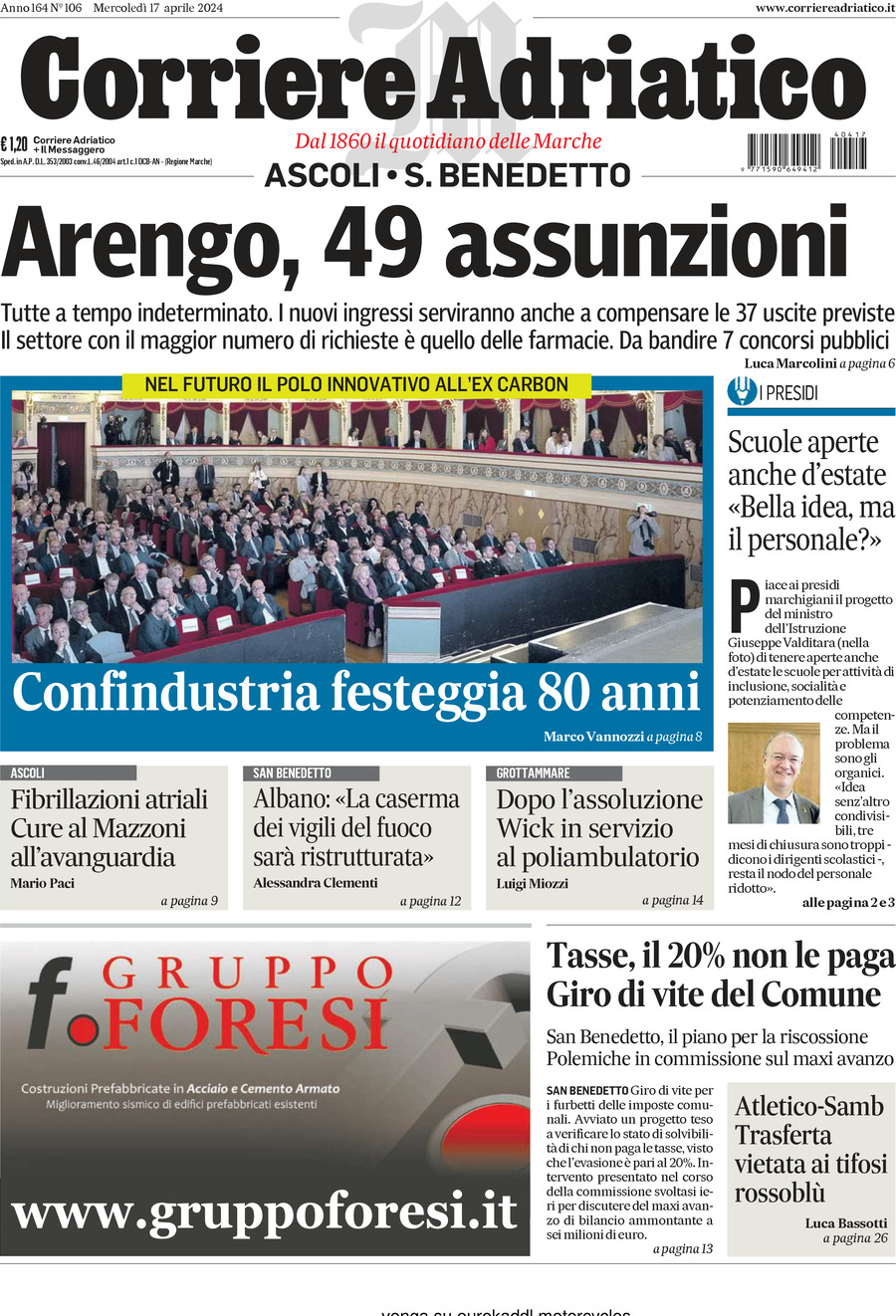 Prima Pagina Corriere Adriatico (Ascoli) 17/04/2024