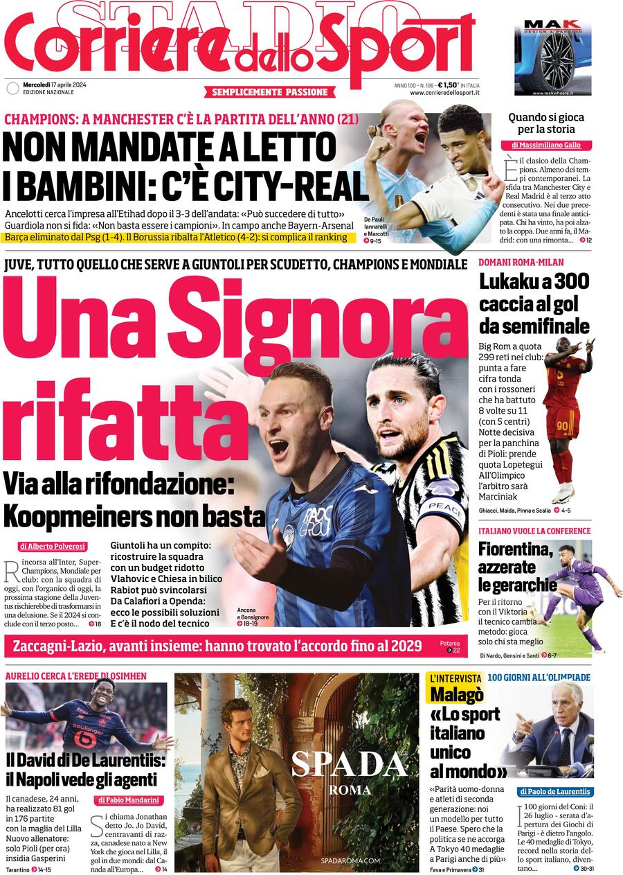 Prima Pagina Corriere dello Sport 17/04/2024