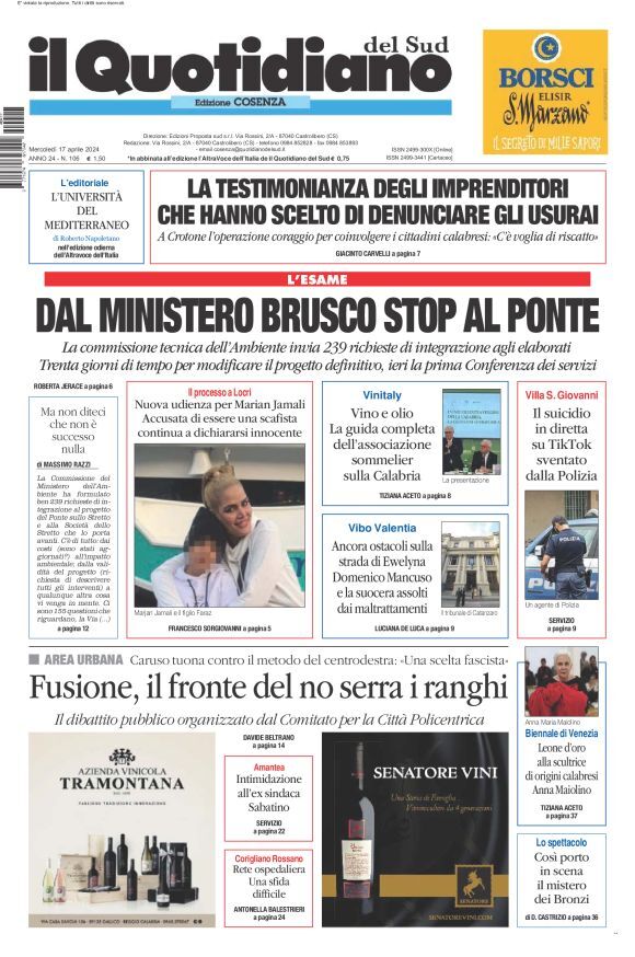 Prima Pagina Il Quotidiano del Sud (Cosenza) 17/04/2024