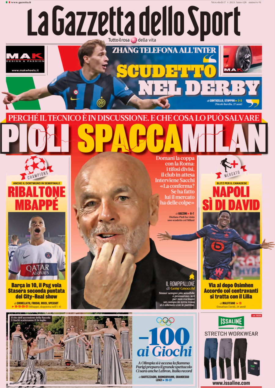 Prima Pagina La Gazzetta dello Sport 17/04/2024