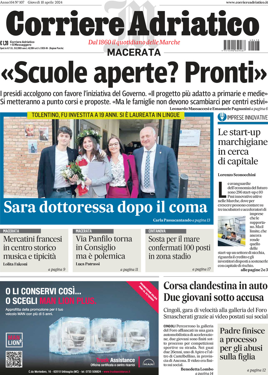Prima Pagina Corriere Adriatico (Macerata) 18/04/2024