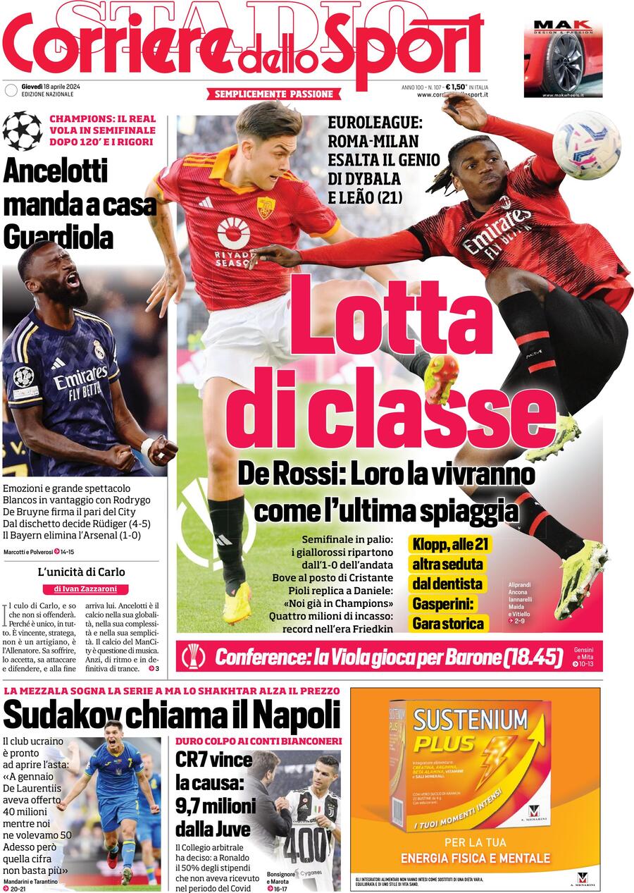 Prima Pagina Corriere dello Sport 18/04/2024