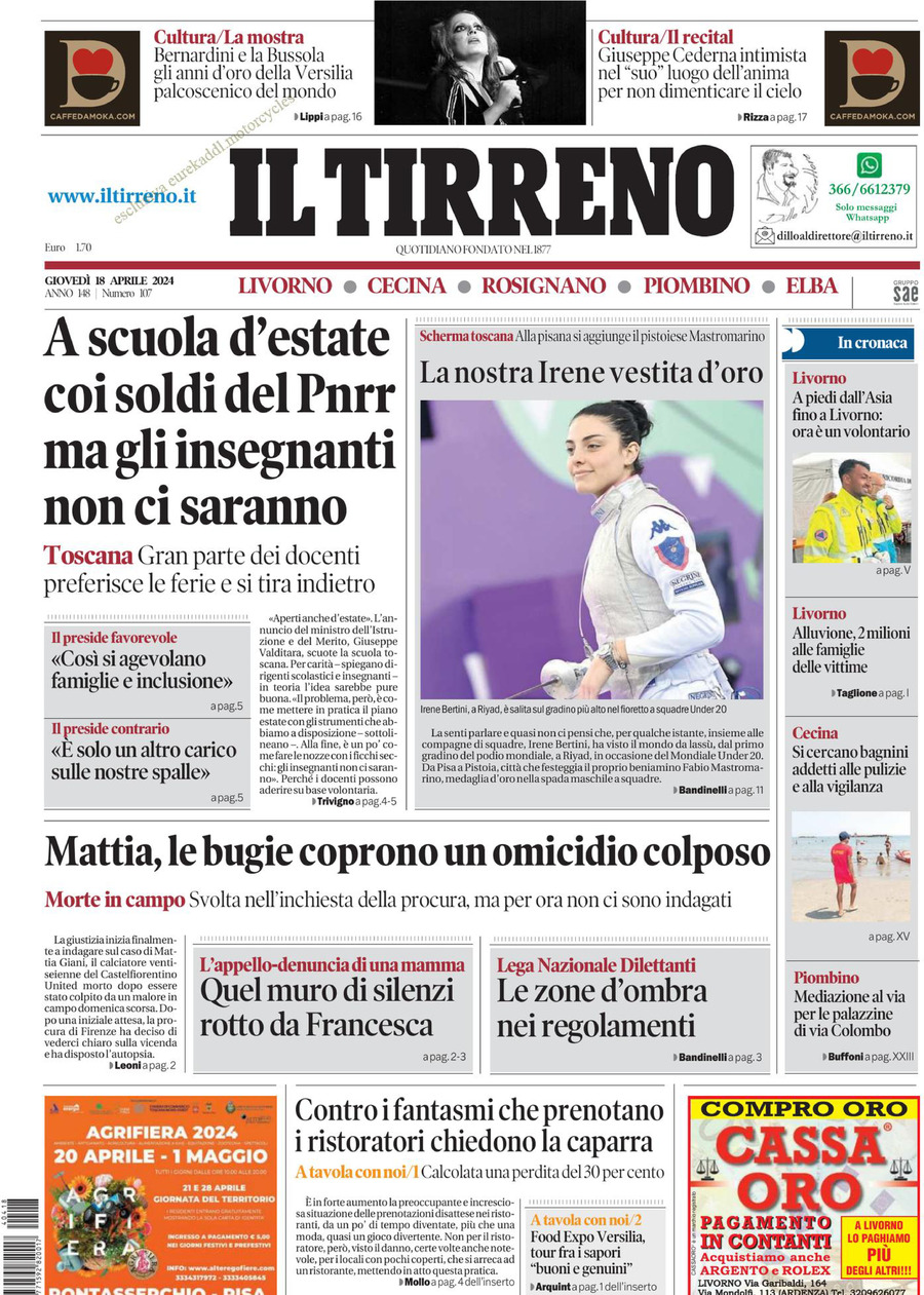 Prima Pagina Il Tirreno (Livorno, Cecina) 18/04/2024