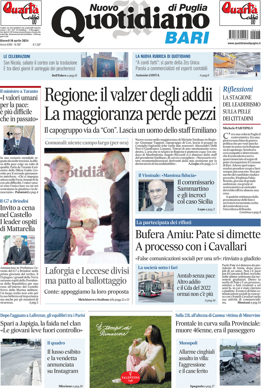 Prima Pagina Nuovo Quotidiano di Puglia (Bari) 18/04/2024