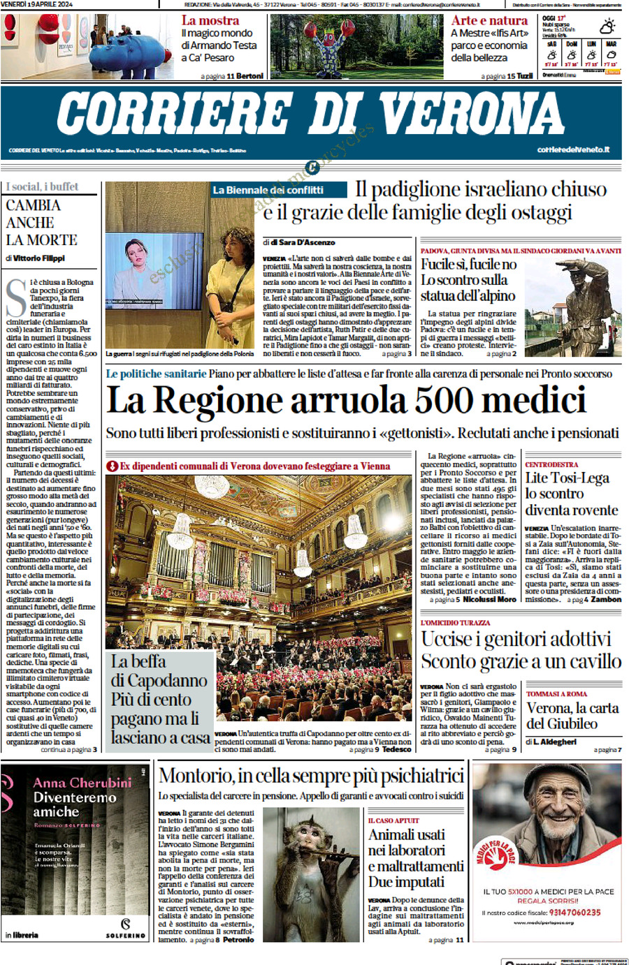 Prima Pagina Corriere di Verona 19/04/2024
