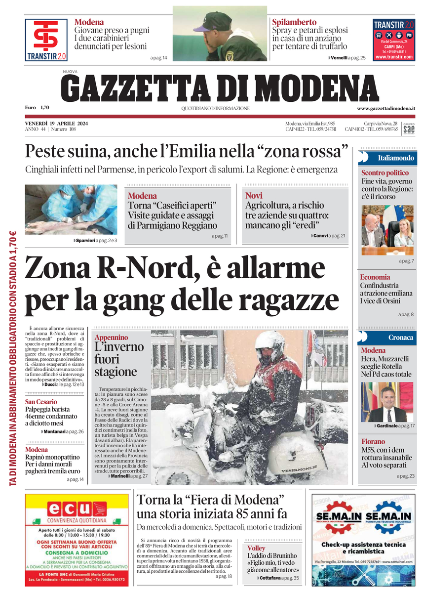 Prima Pagina Gazzetta di Modena 19/04/2024