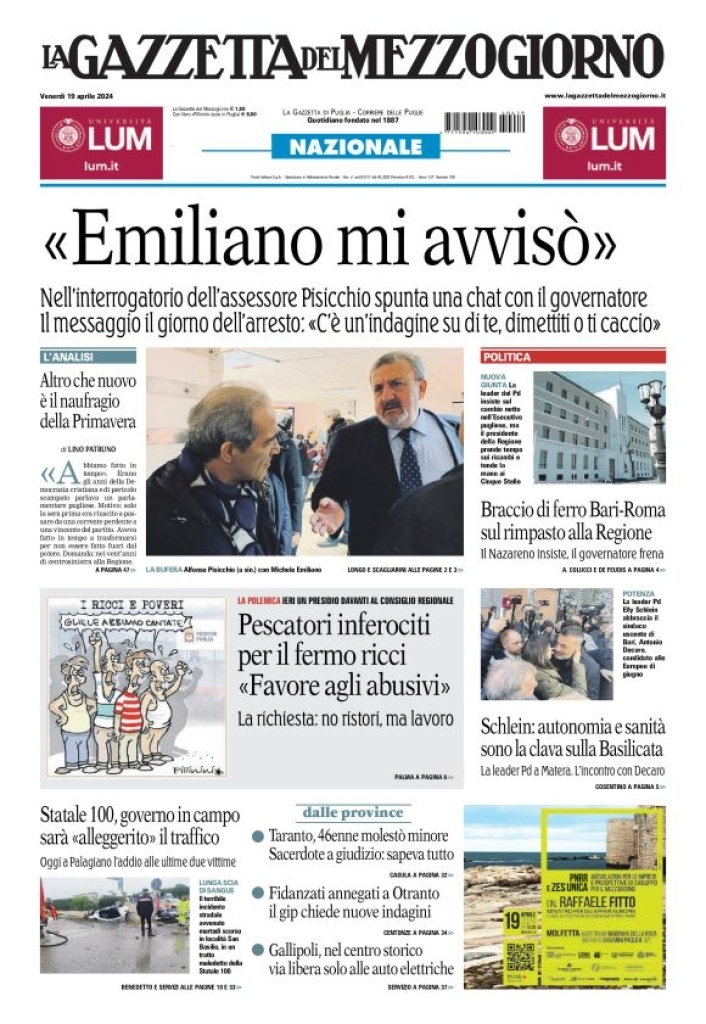 Prima Pagina La Gazzetta del Mezzogiorno (Bari) 19/04/2024