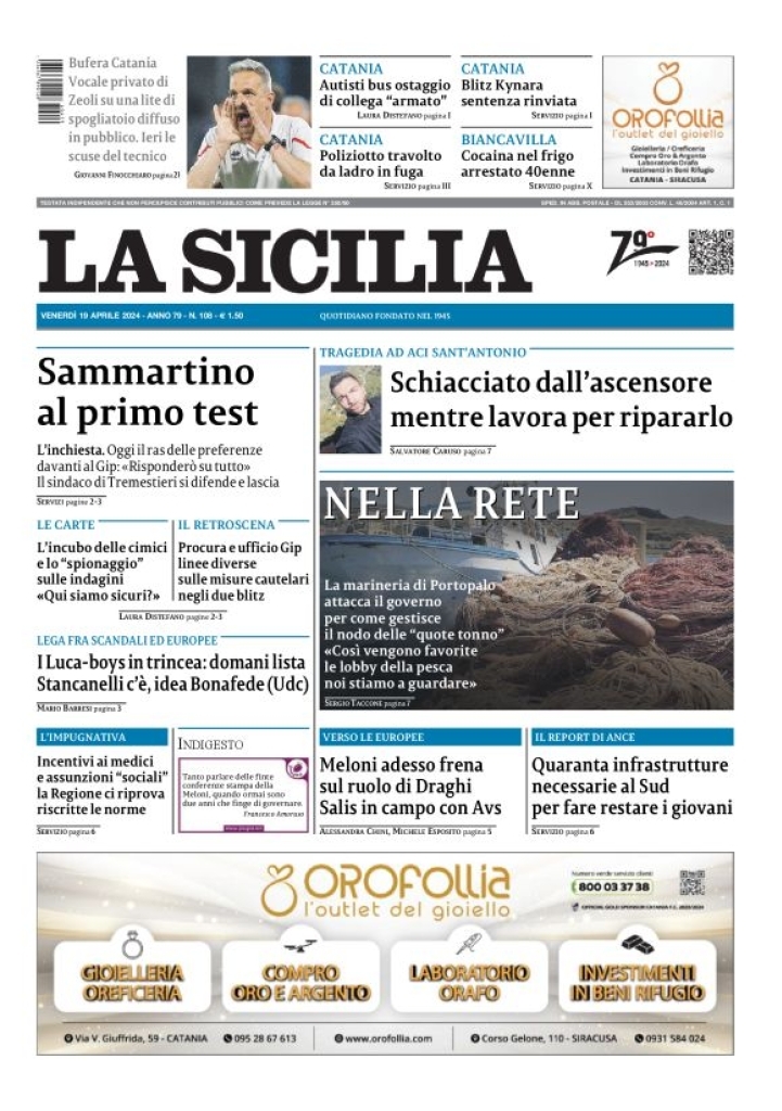 Prima Pagina La Sicilia 19/04/2024