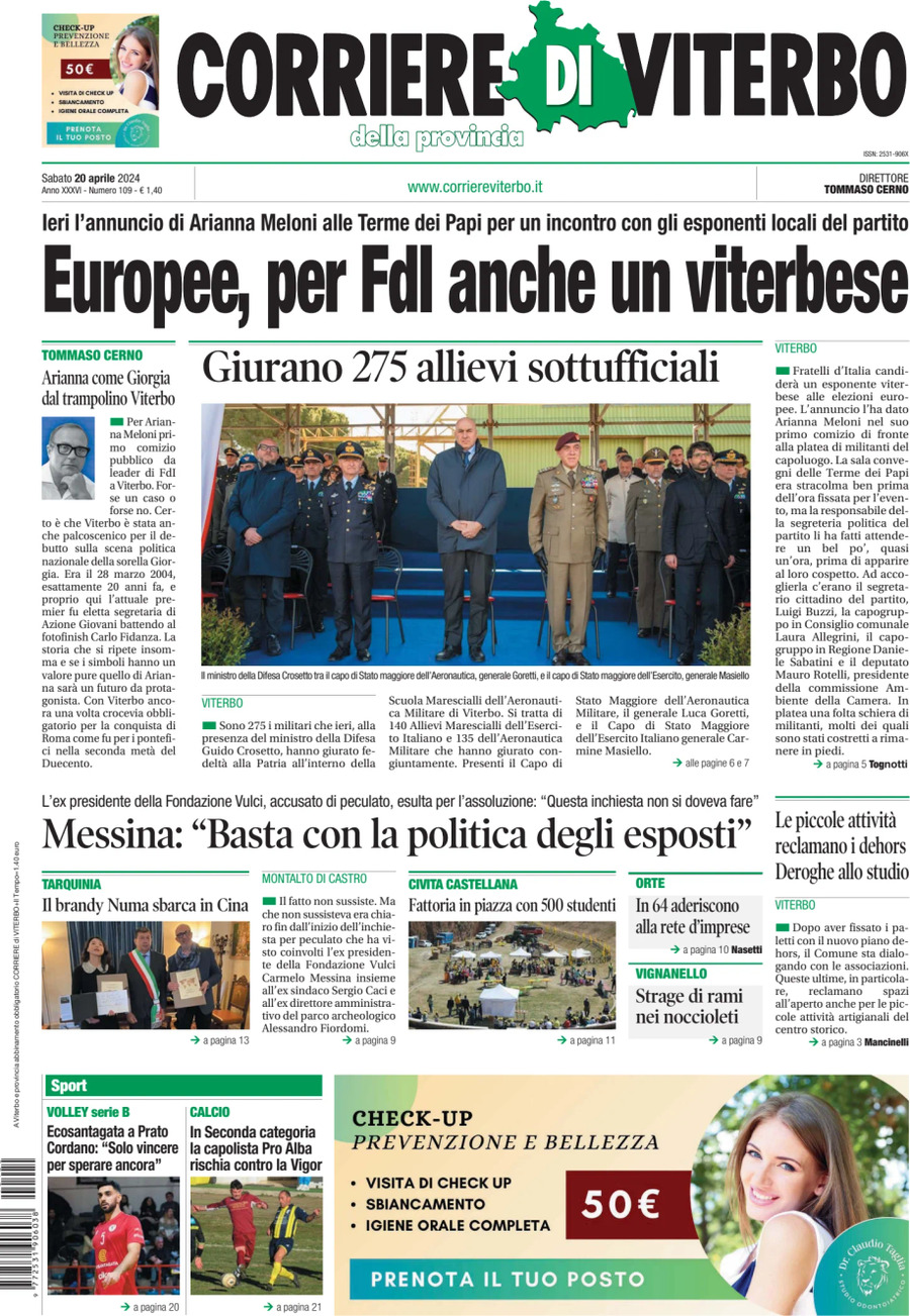 Prima Pagina Corriere di Viterbo 20/04/2024