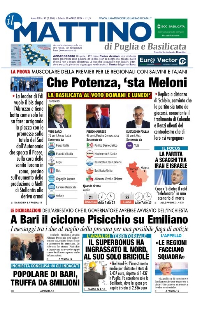 Prima Pagina Il Mattino di Puglia e Basilicata 20/04/2024