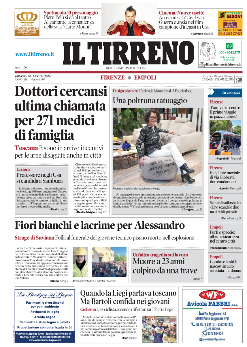 Prima Pagina Il Tirreno (Firenze, Empoli) 20/04/2024