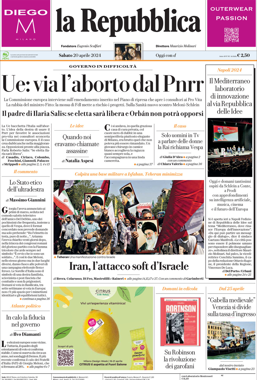Prima Pagina La Repubblica 20/04/2024