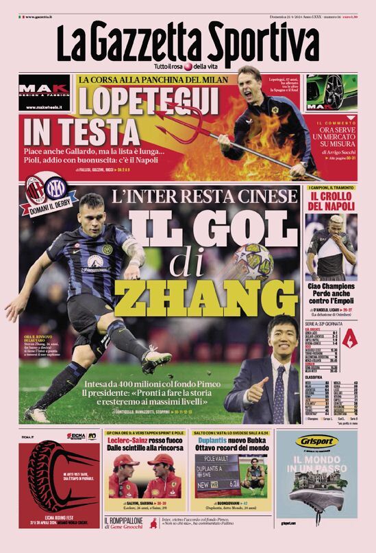 Prima Pagina La Gazzetta dello Sport 21/04/2024