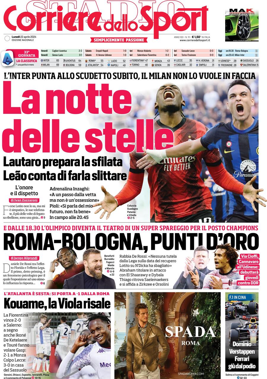 Prima Pagina Corriere dello Sport 22/04/2024