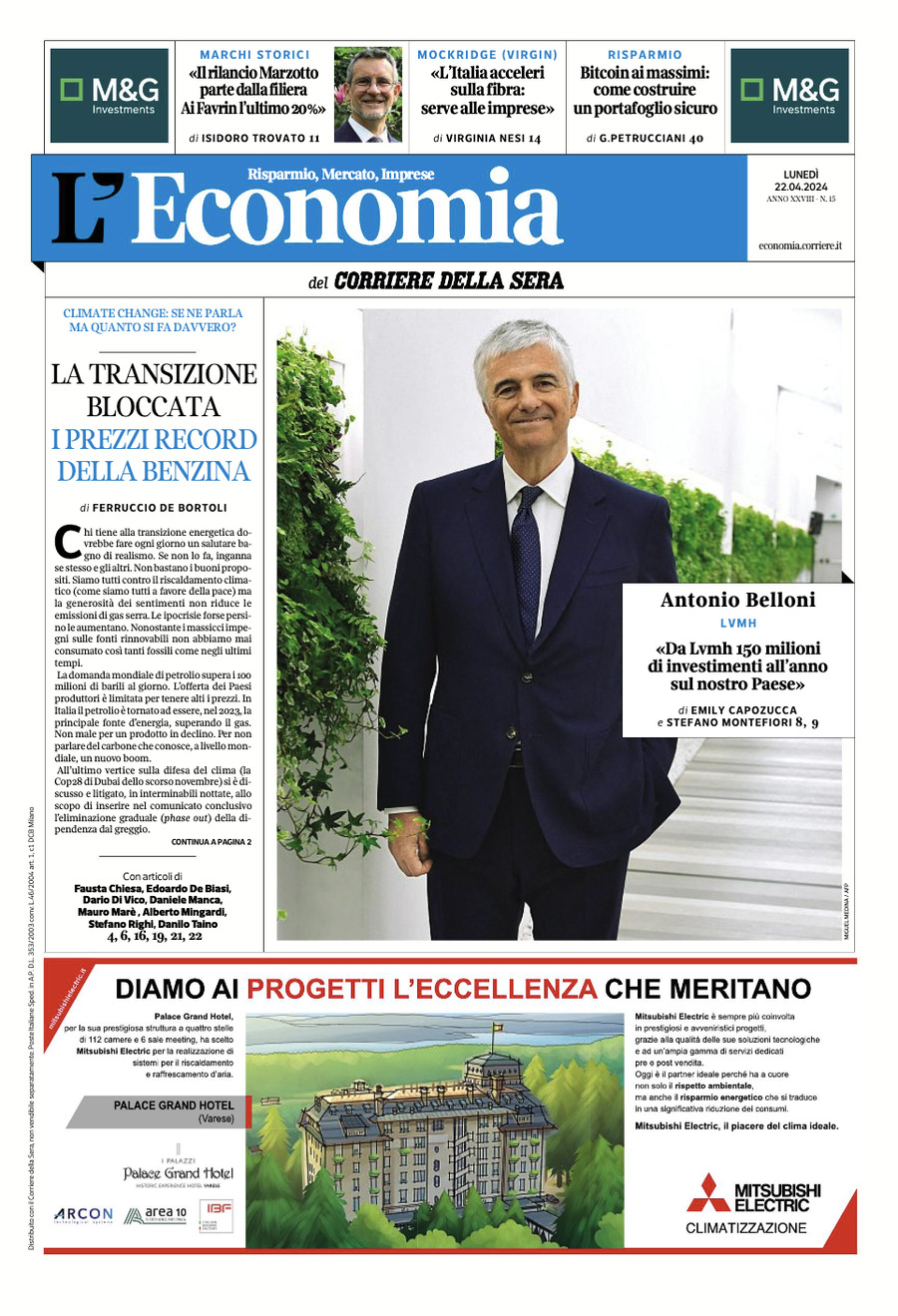 Copertina L'Economia (Corriere della Sera) 22/04/2024