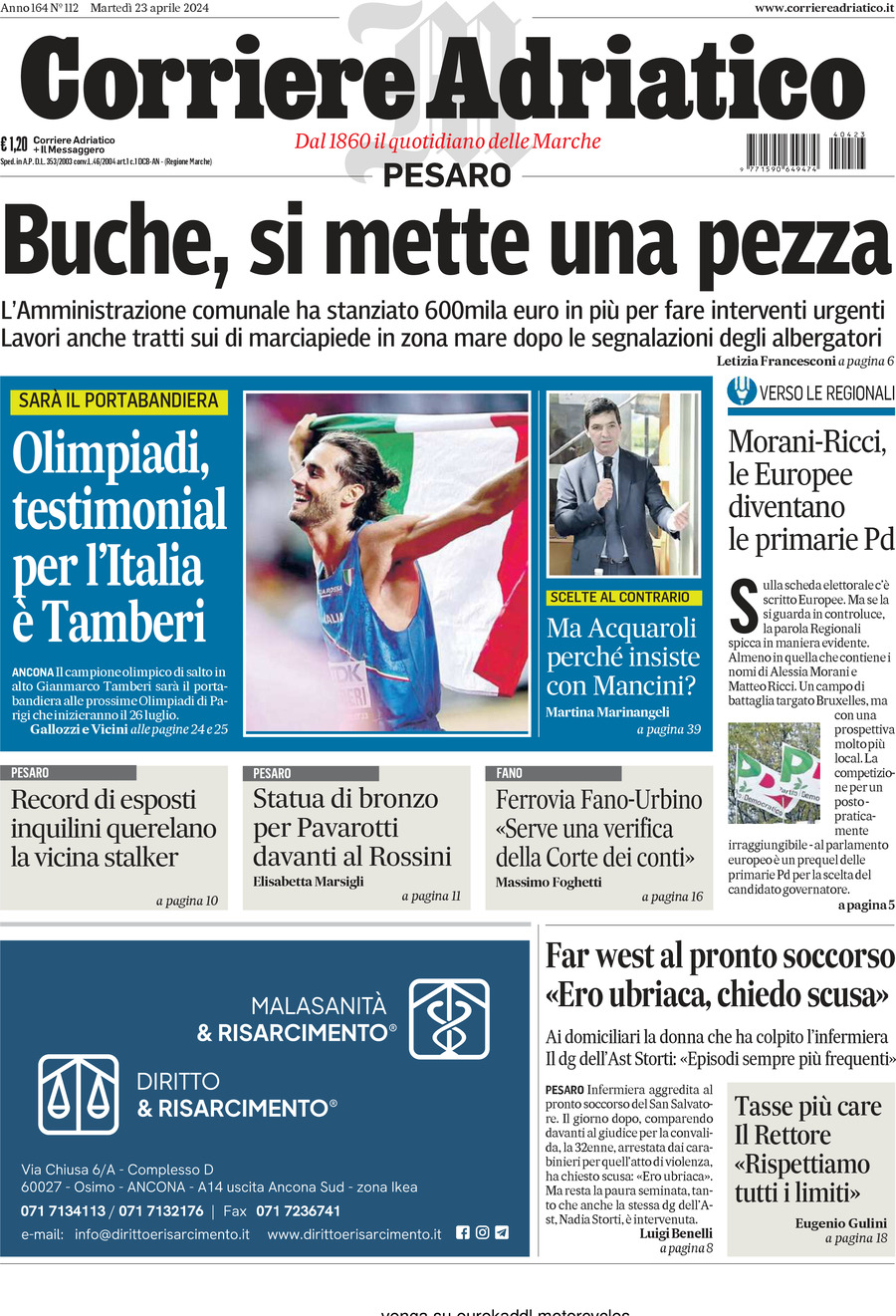 Prima Pagina Corriere Adriatico (Pesaro) 23/04/2024