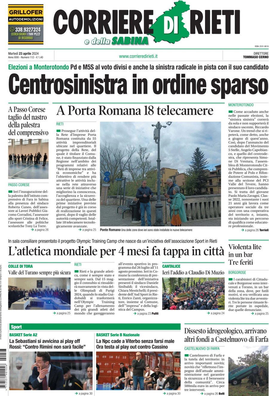 Prima Pagina Corriere di Rieti e della Sabina 23/04/2024