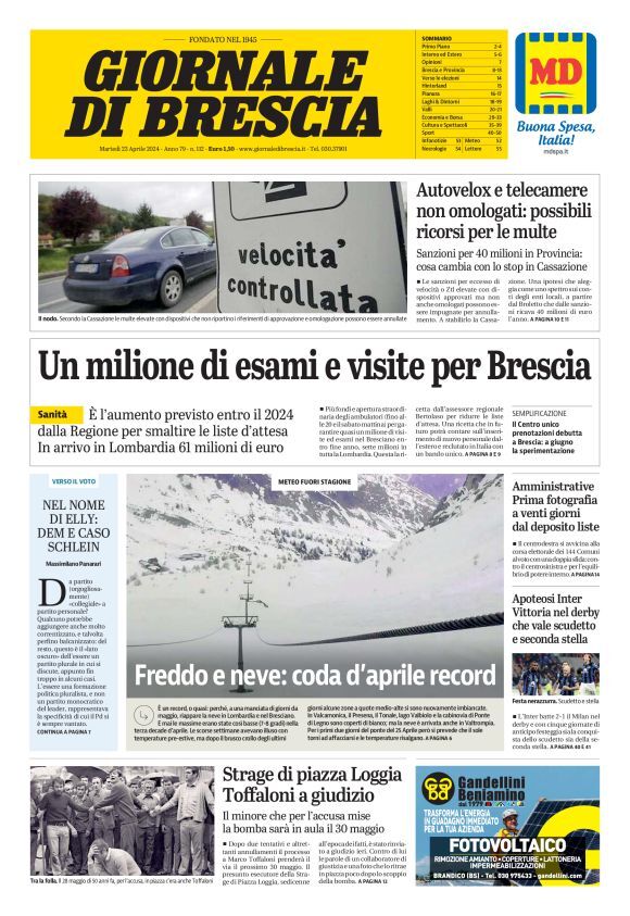 Prima Pagina Giornale di Brescia 23/04/2024