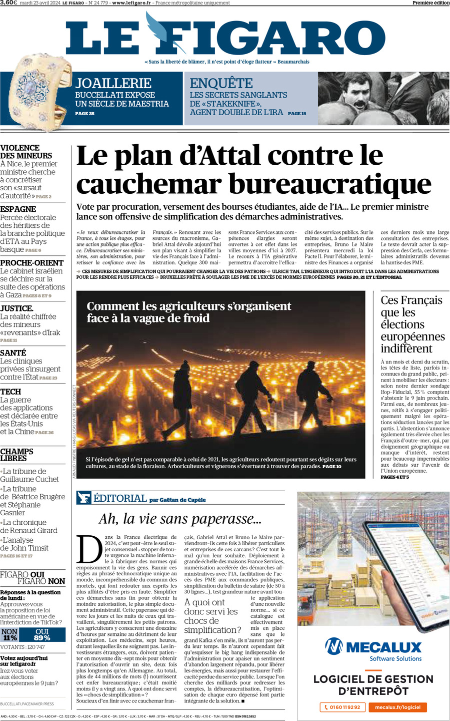 Prima Pagina Le Figaro 23/04/2024