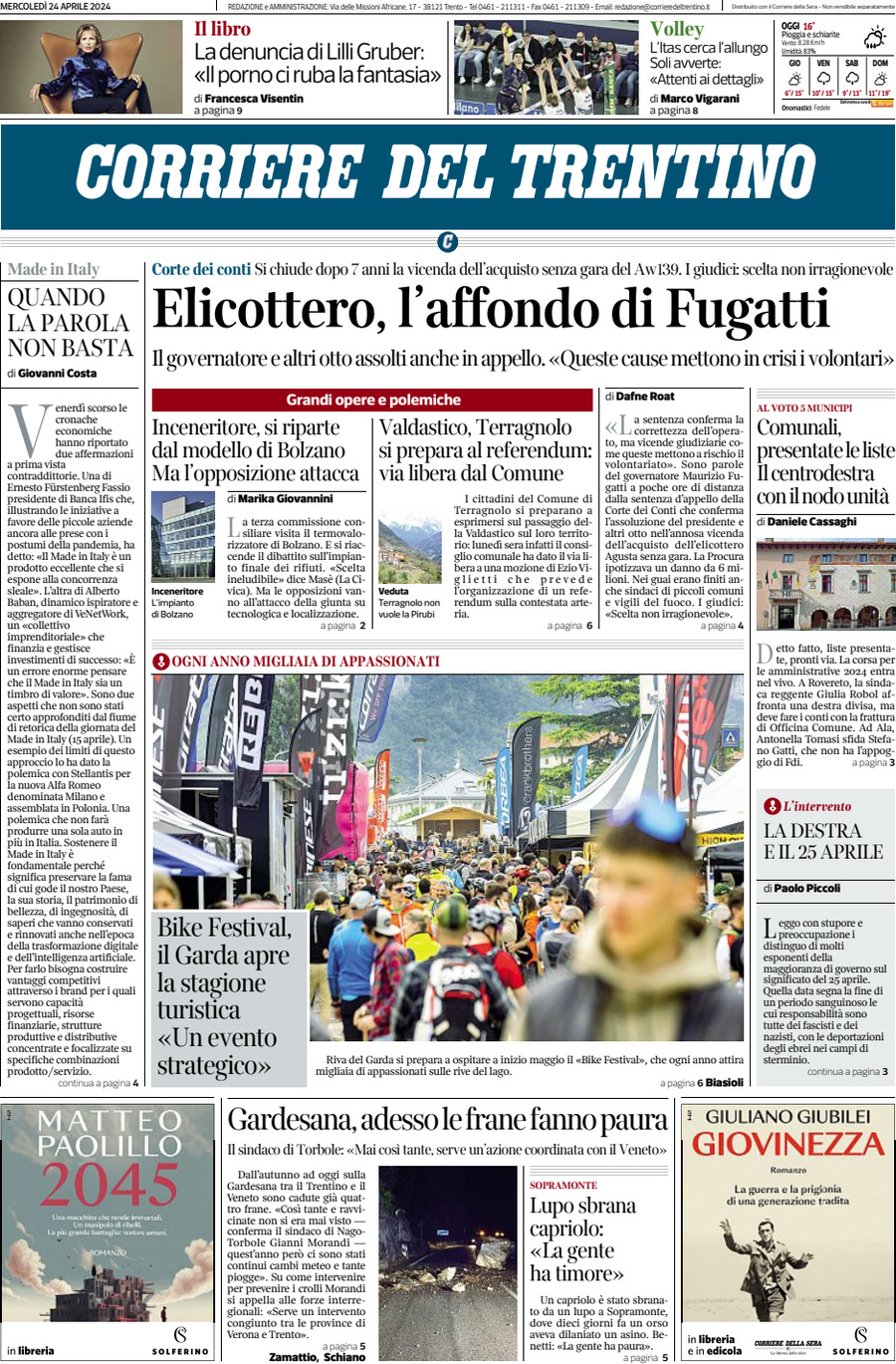 Prima Pagina Corriere del Trentino 24/04/2024