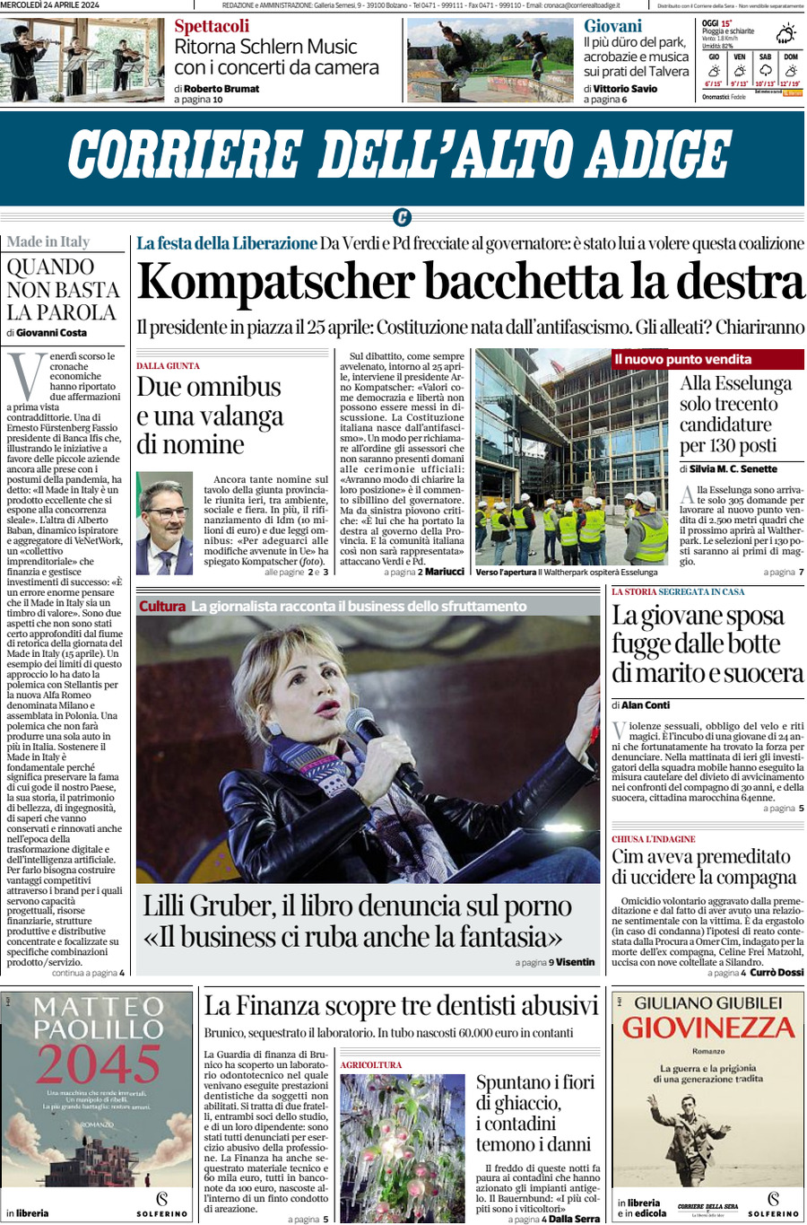 Prima Pagina Corriere dell'Alto Adige 24/04/2024