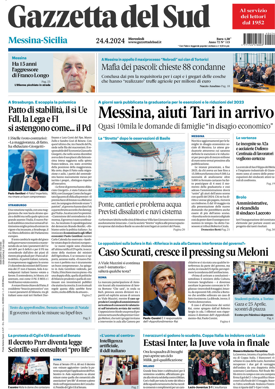 Prima Pagina Gazzetta del Sud (Messina) 24/04/2024
