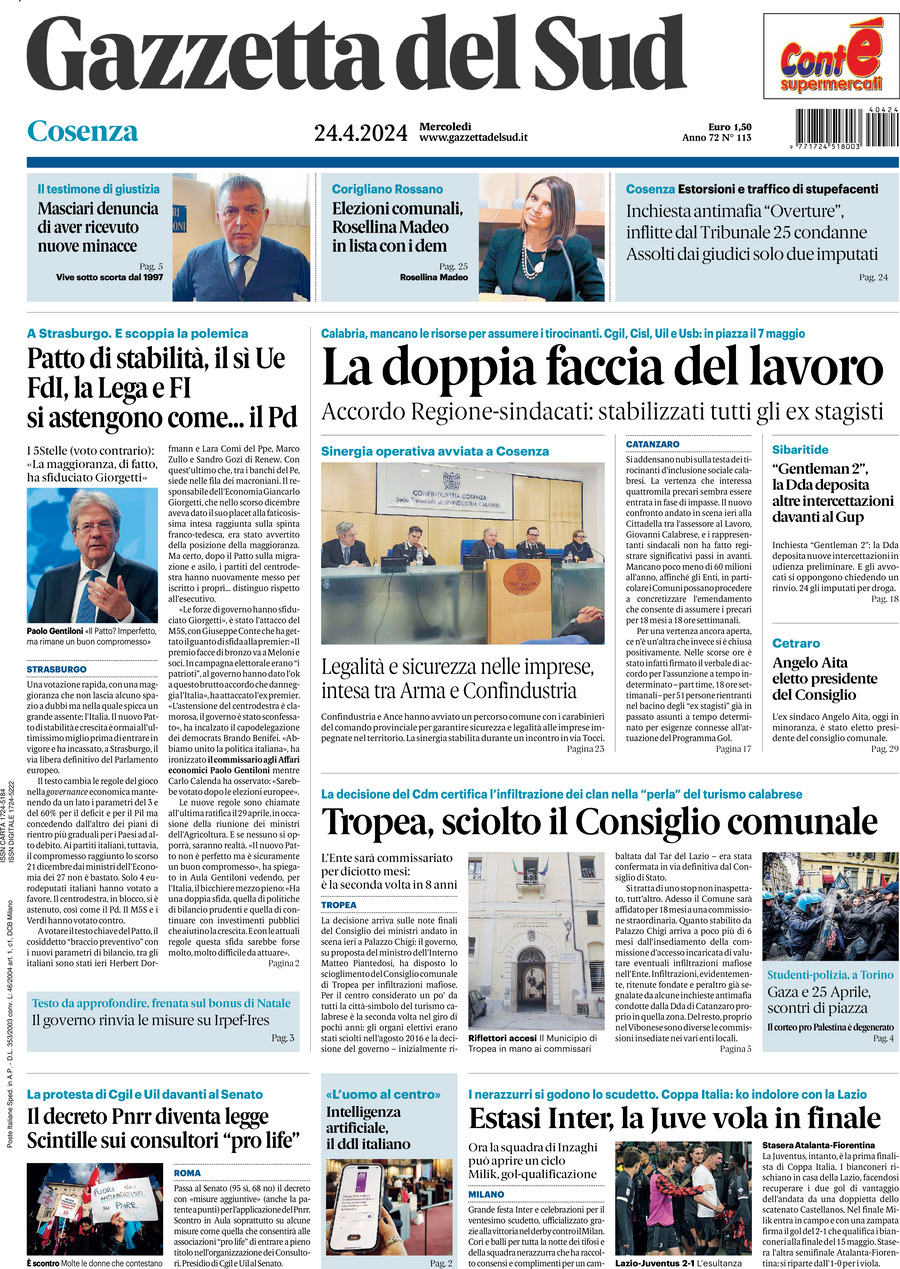Prima Pagina Gazzetta del Sud (Cosenza) 24/04/2024