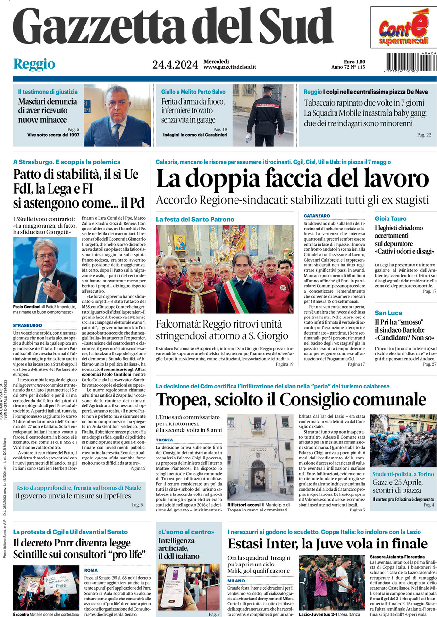 Prima Pagina Gazzetta del Sud (Reggio Calabria) 24/04/2024