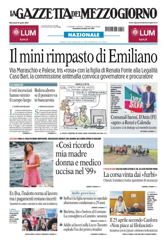 Prima Pagina La Gazzetta del Mezzogiorno (Basilicata) 24/04/2024