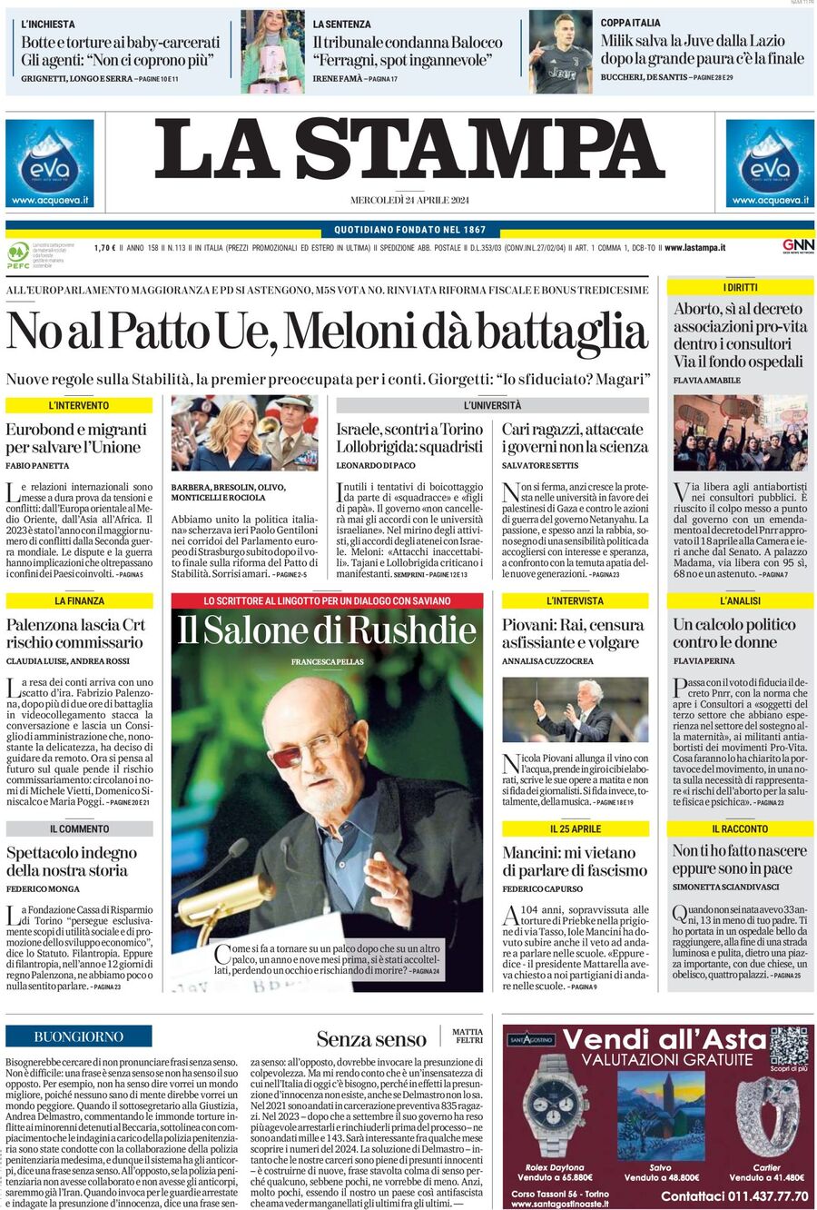 Prima Pagina La Stampa 24/04/2024