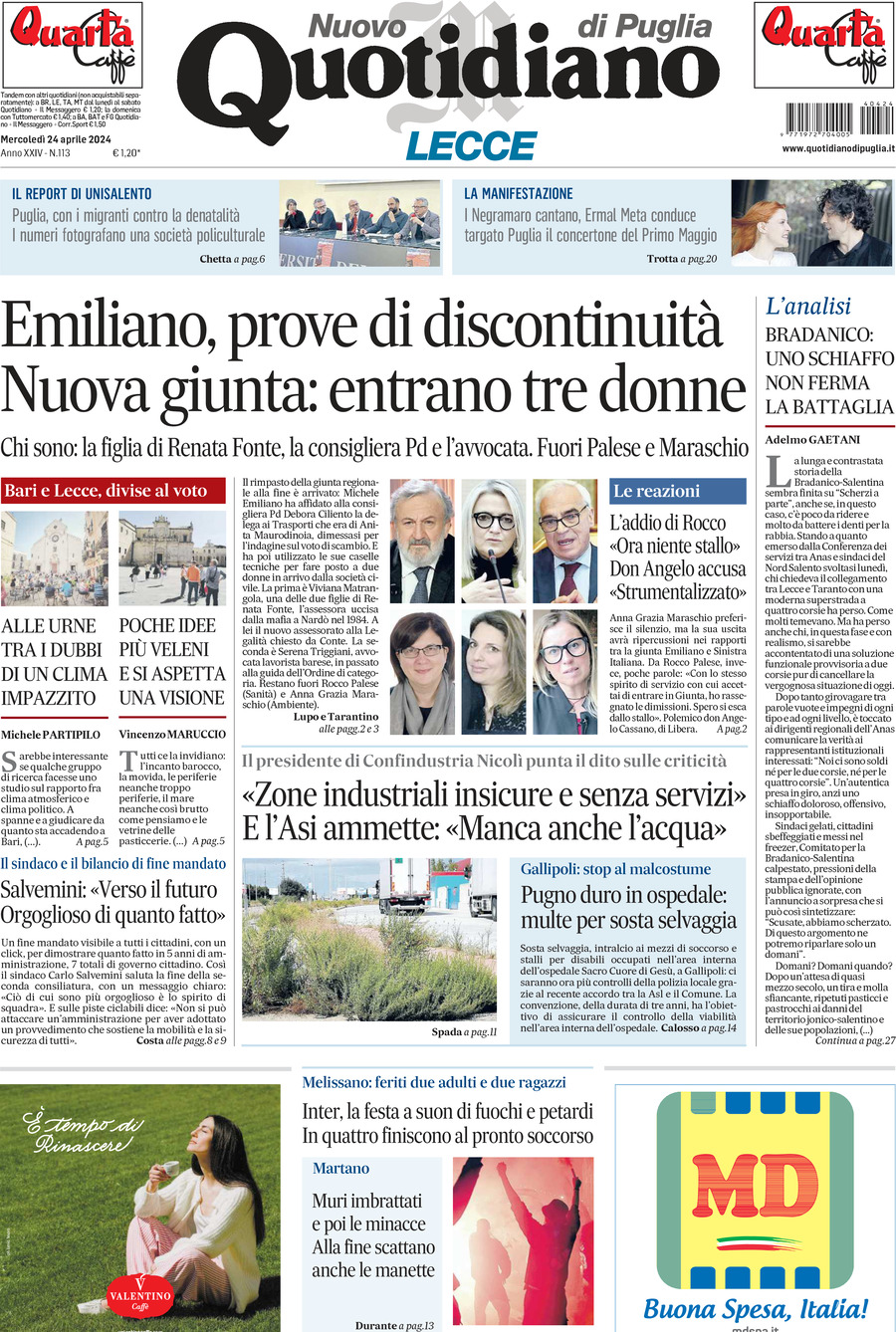 Prima Pagina Nuovo Quotidiano di Puglia (Lecce) 24/04/2024