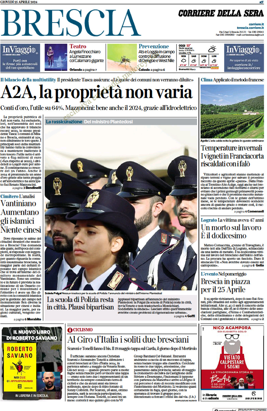 Prima Pagina Corriere della Sera (Brescia) 25/04/2024