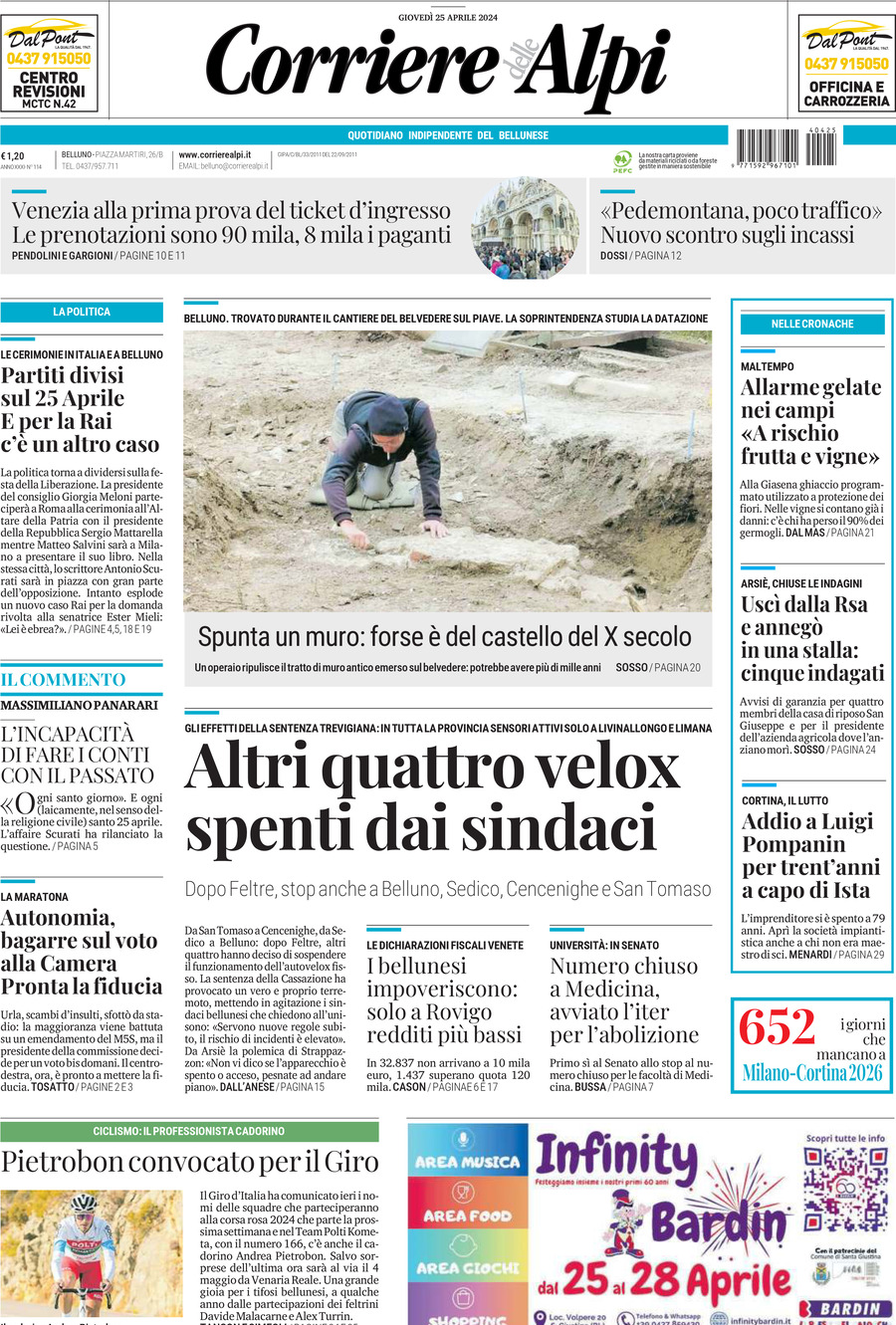 Prima Pagina Corriere delle Alpi (Belluno) 25/04/2024