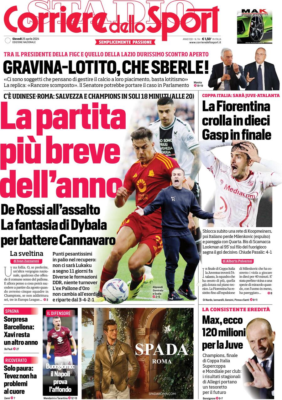 Prima Pagina Corriere dello Sport 25/04/2024