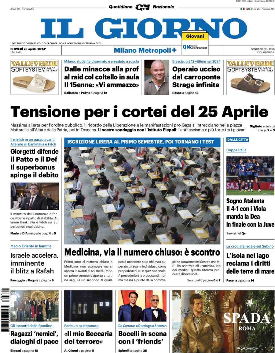 Prima Pagina Il Giorno (Milano Metropoli) 25/04/2024