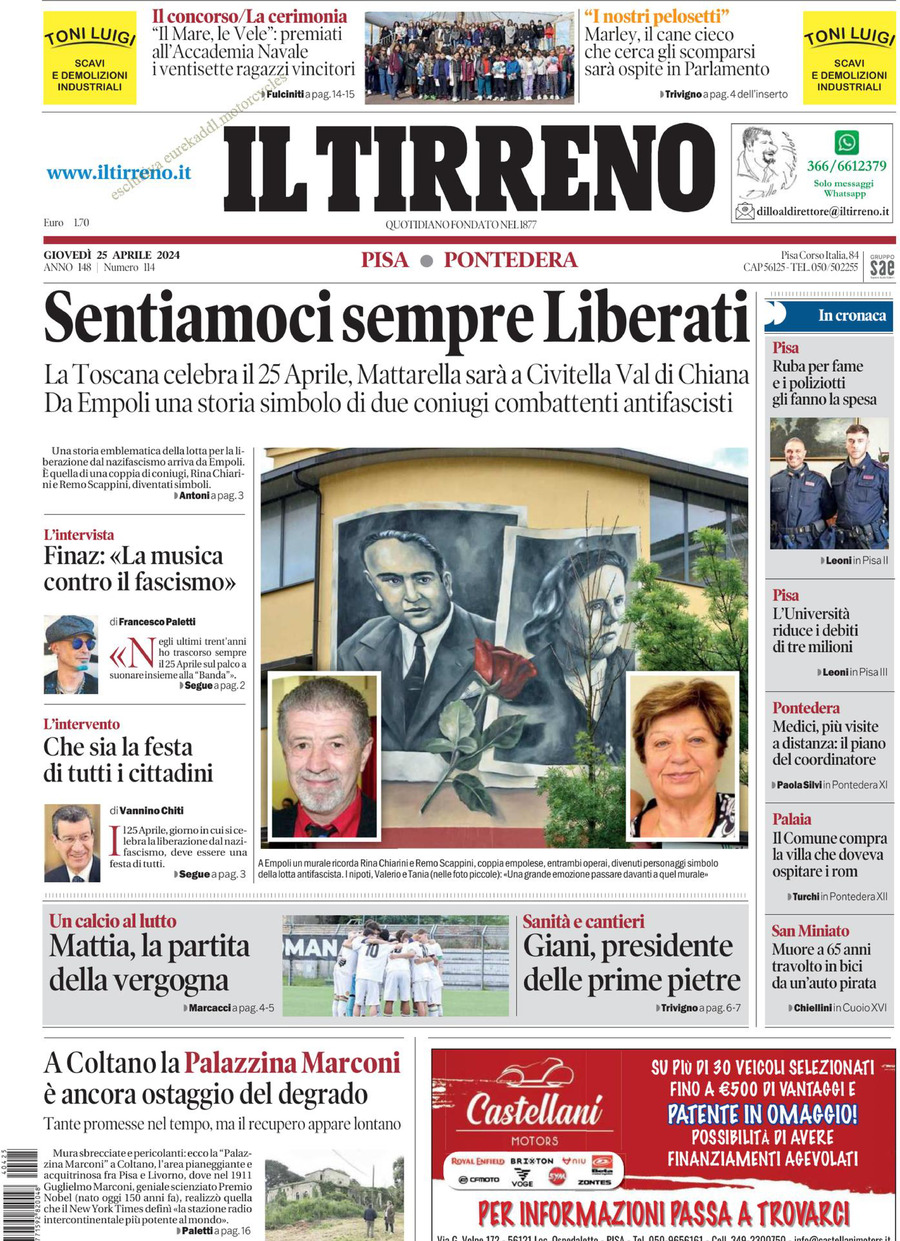 Prima Pagina Il Tirreno (Pisa, Pontedera) 25/04/2024