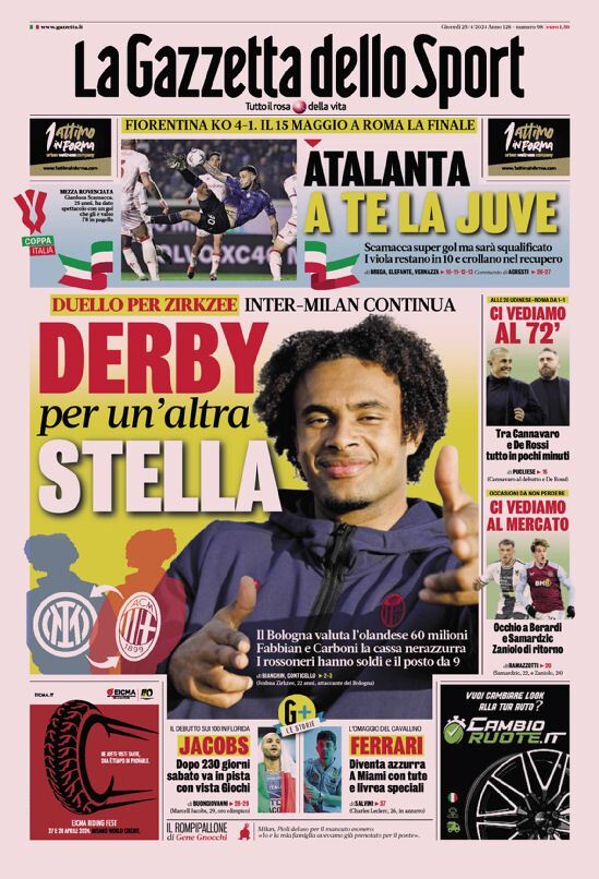 Prima Pagina La Gazzetta dello Sport 25/04/2024