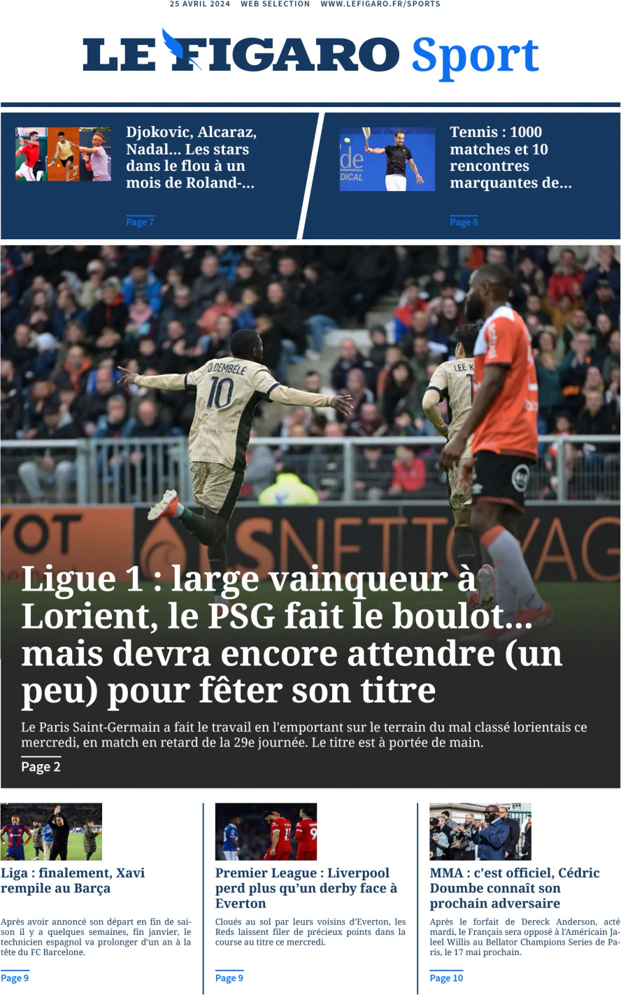 Prima Pagina Le Figaro SPORT 25/04/2024