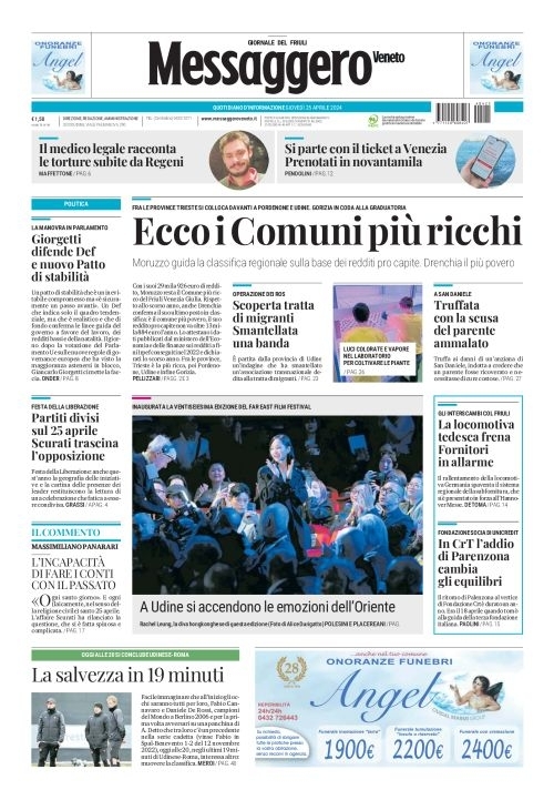 Prima Pagina Messaggero Veneto (Udine) 25/04/2024