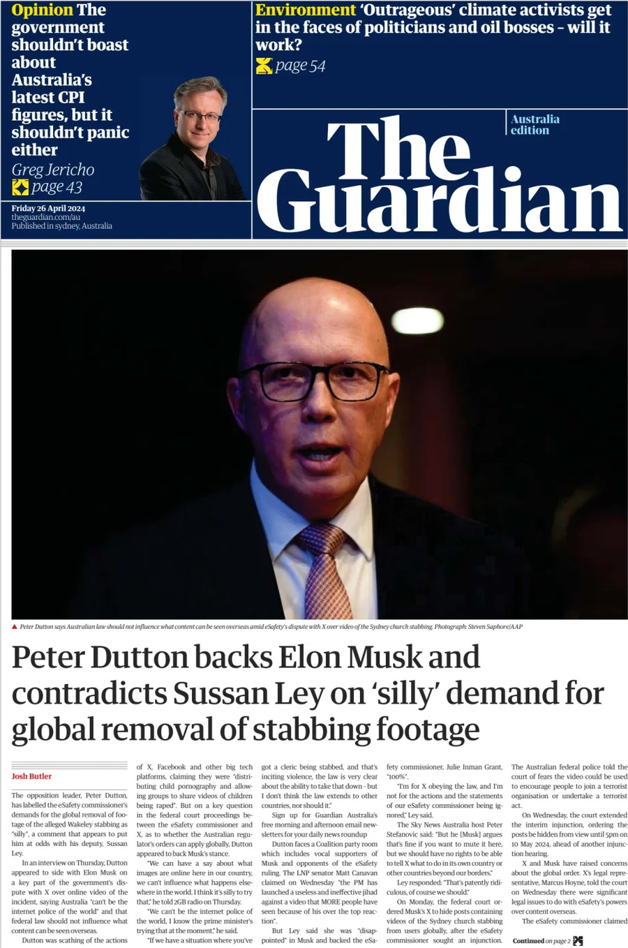 Prima Pagina The Guardian Australia 26/04/2024