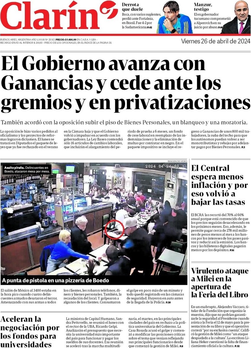 Prima Pagina Clarín 26/04/2024