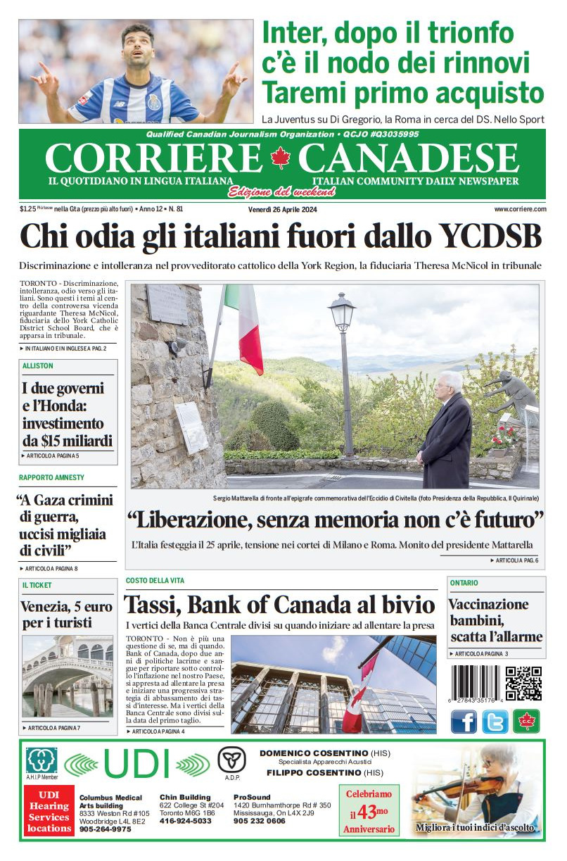Prima Pagina Corriere Canadese 26/04/2024