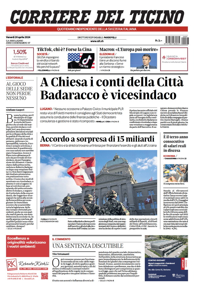 Prima Pagina Corriere del Ticino 26/04/2024